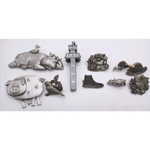 10 Pewter Brooches JJ Hippo, Pig + 4 BIRDS & BLOOMS Limited Edition Lapel Pins